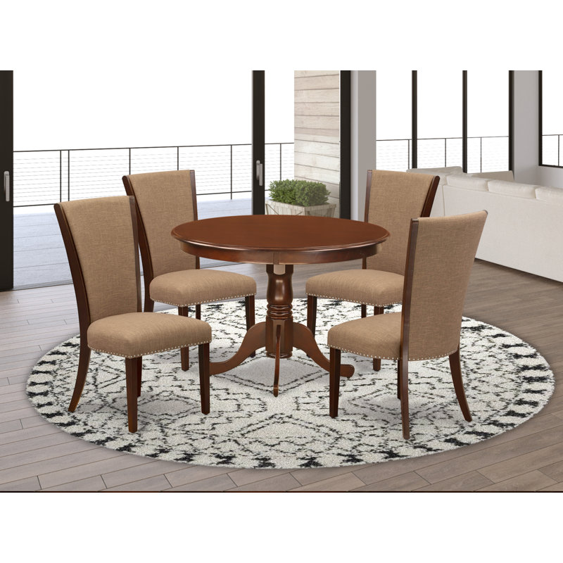 5 Piece Modern Dining Table Set Includes a Round Wooden Table with Pedestal and 4 Light Sable Linen Fabric Parson Dining Chairs, Linen White