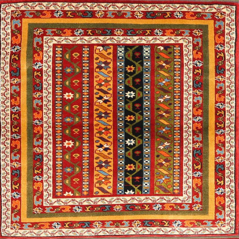 Tapis contemporain orange / vert / jaune, Carré 5 pi
