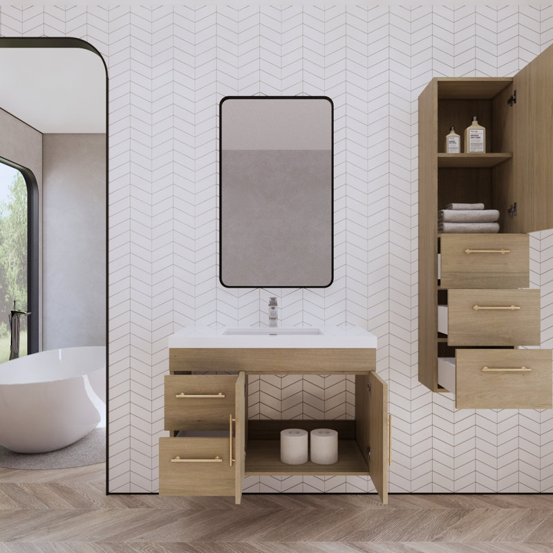 Hebersham 35.44'' Single Bathroom Vanity with Acrylic Top, White Oak
