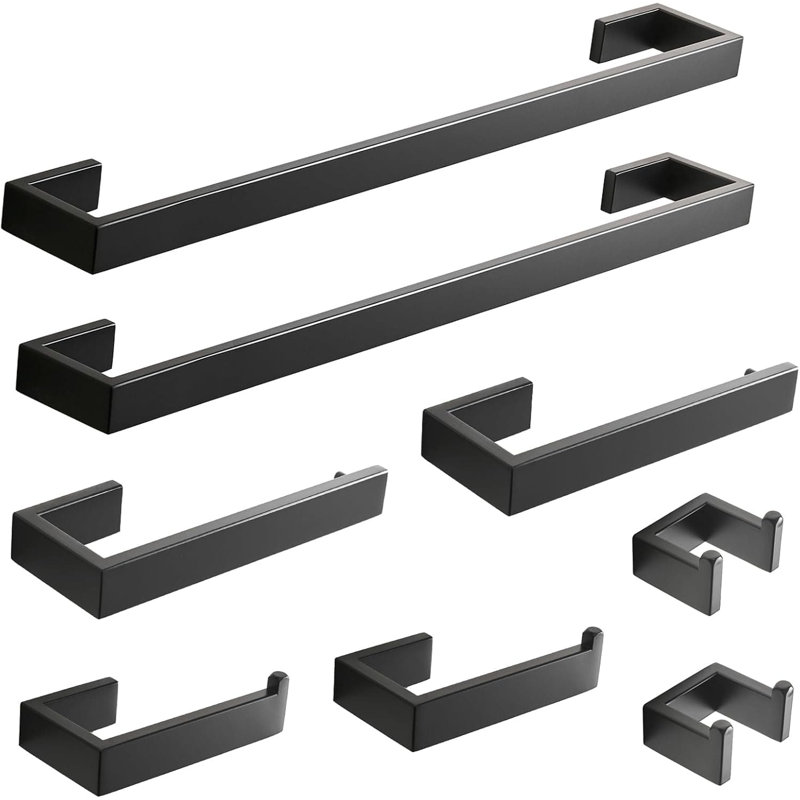 8-Piece Bathroom Hardware Set Stainless Steel Matte Black Wall Mounted Towel Bars Toilet Paper Holders Towel Rings Robe Hooks