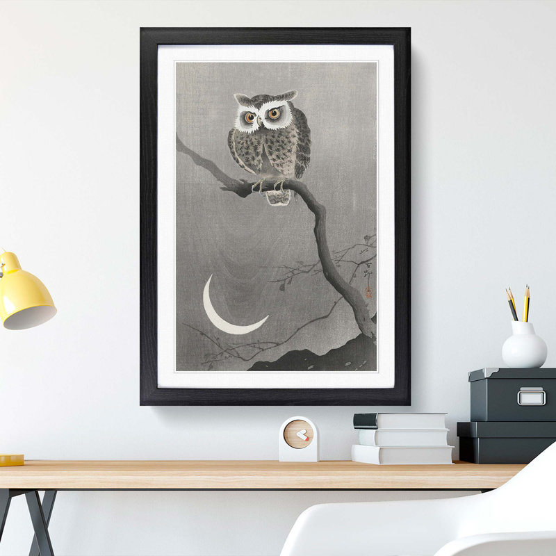 Long-Eared Owl Upon a Tree by Ohara Koson - Framed Print, 48cm H x 36cm W x 2cm D, Black Framed
