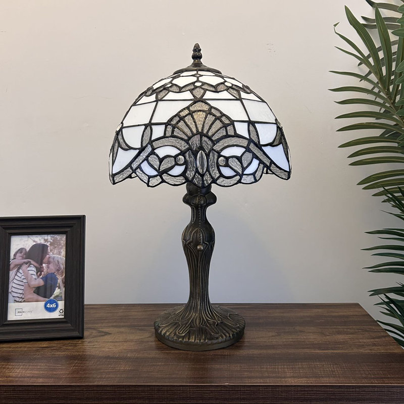 White Stained Glass Baroque Table Lamp with Bronze Base