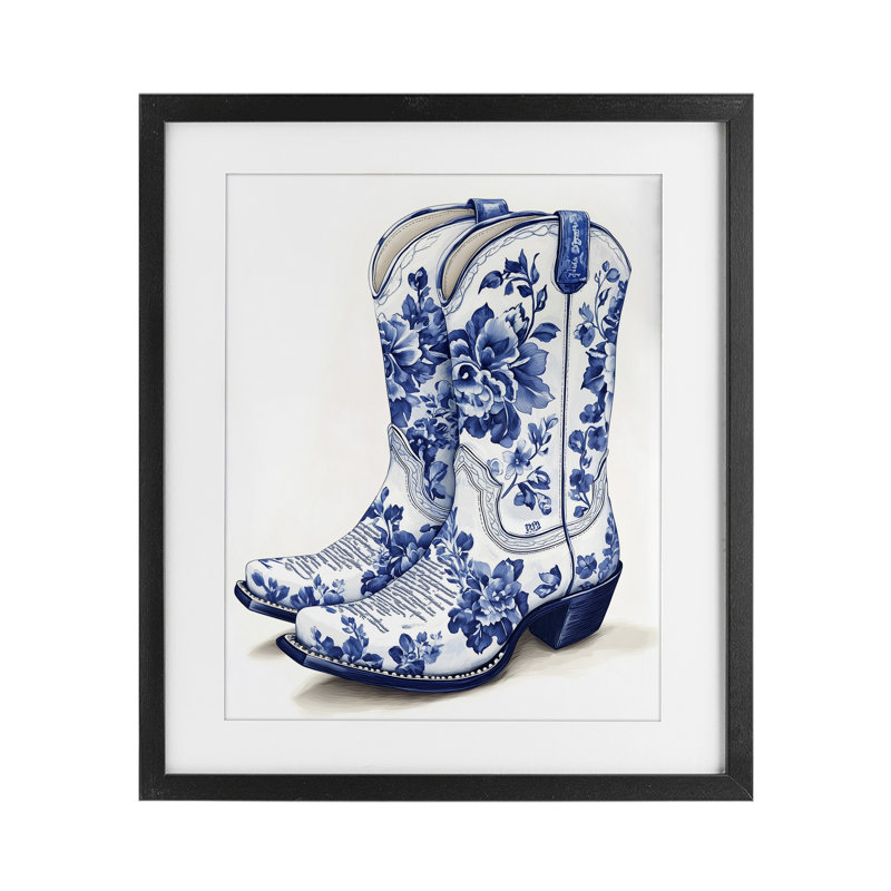 «Blue Chinoiserie Cowboy», reproduction encadrée sous verre, conception de Heidi Kuntz, Cadre noir minuit, H 16 po x l 13 po