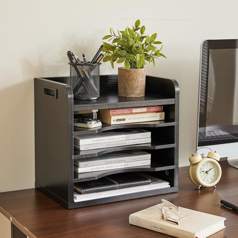 Black Chipboard Desktop File Organizer with Adjustable Shelves