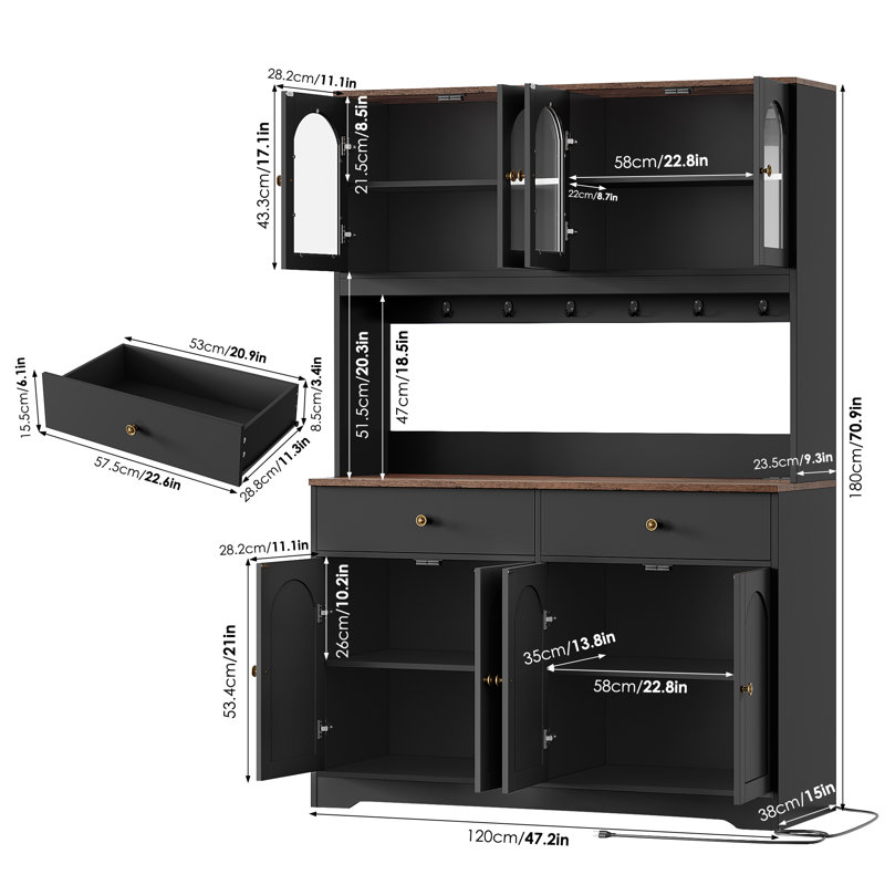 Armoire de cuisine 47,4 po, étagère de boulanger avec tablette à micro-ondes, éclairage à DEL intégré, armoire de rangement pour la cuisine, la salle à manger ou le salon