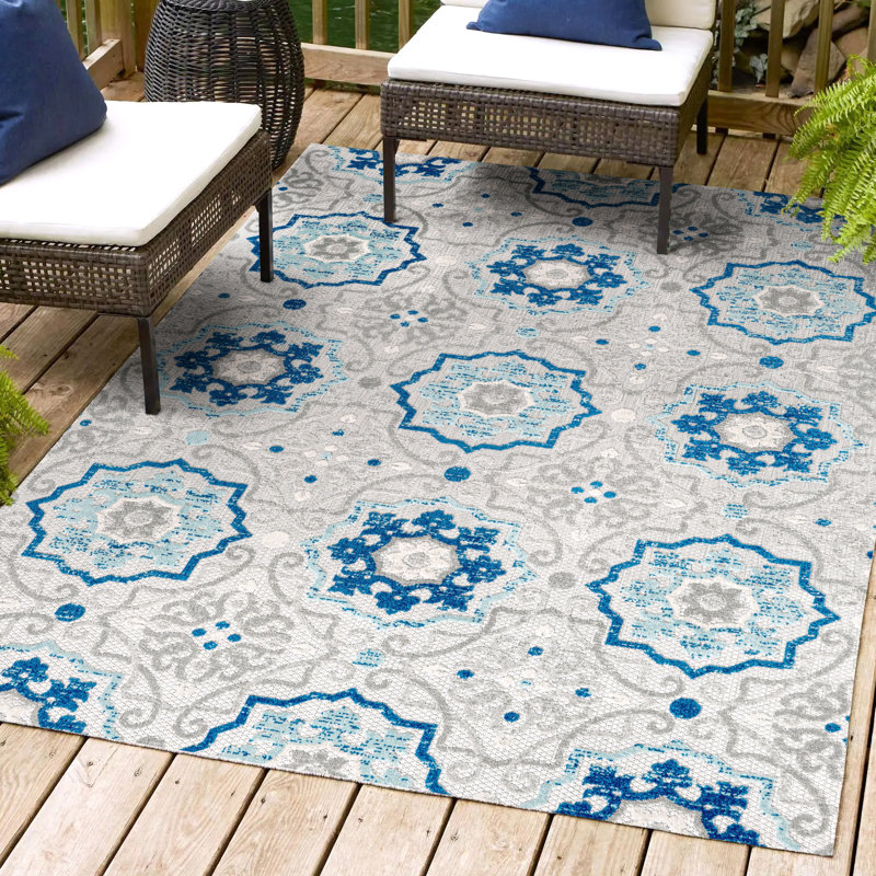 Leto Medallion Blue/Gray Indoor/Outdoor Rug, Rectangle 8'8" X 12'