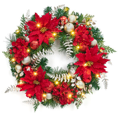 24" Pre-Lit Artificial Christmas Wreath with Cones, 20 LED Lights