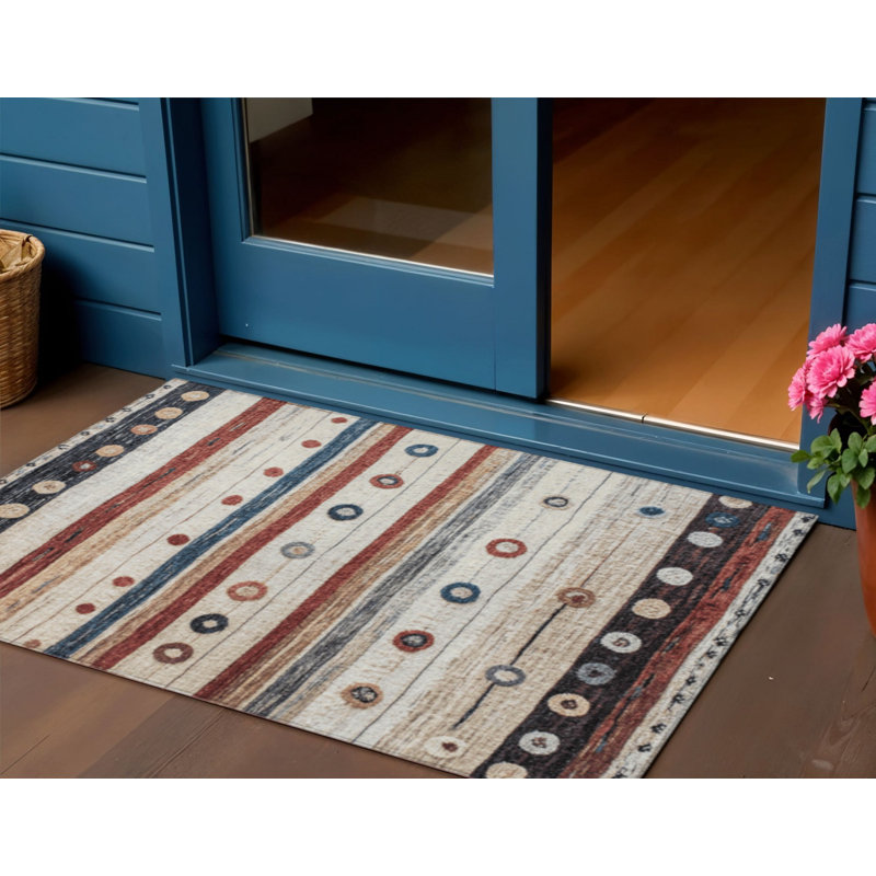 3' X 5' Beige Rust And Navy Blue Striped Washable Indoor Outdoor Area Rug