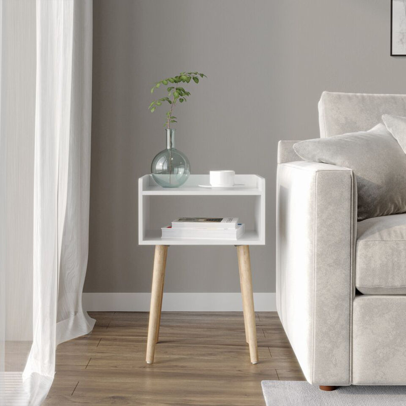 40cm W Solid Wood Bedside Table, White, Natural