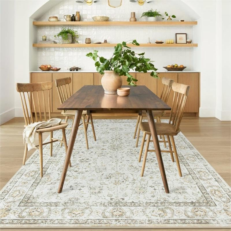 Washable Area Rugs for Living Room Boho Rug for Bedroom, Non-Slip Vintage Floral Carpet, Rectangle 5' x 7'