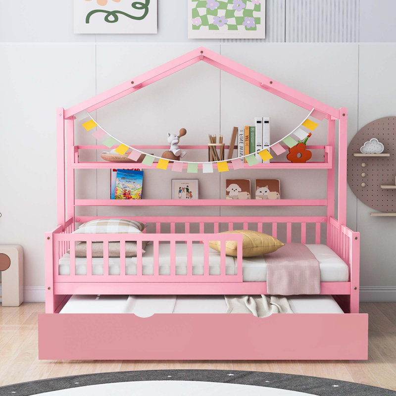 Cincinnatus Wooden House Bed with Trundle and Shelf, Full, Pink