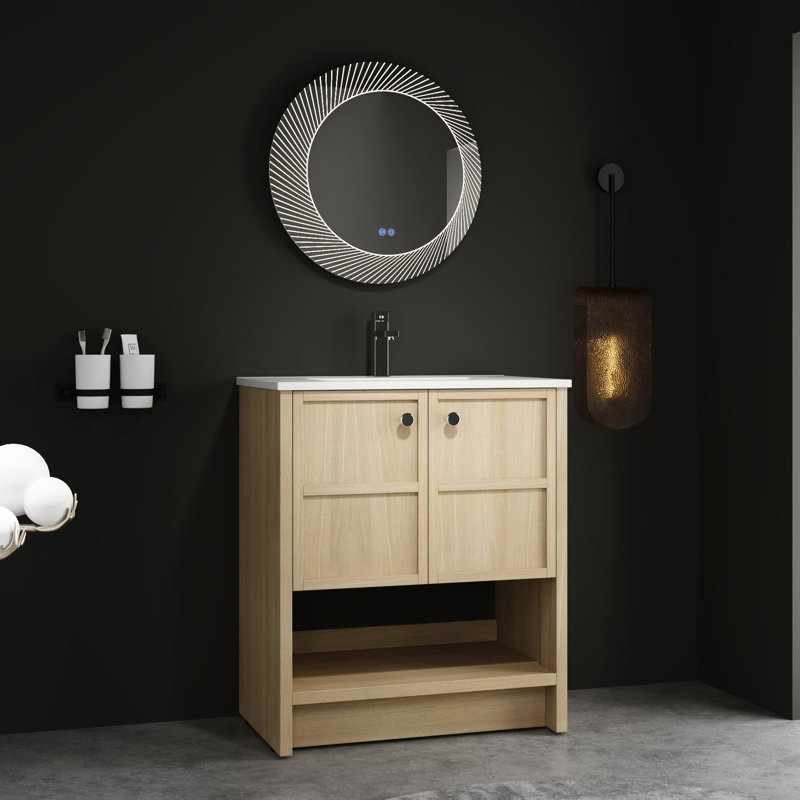 Armoire de salle de bain autoportante en contreplaqué avec lavabo en céramique, 30 po, meuble-lavabo attrayant, 30 po, design chêne