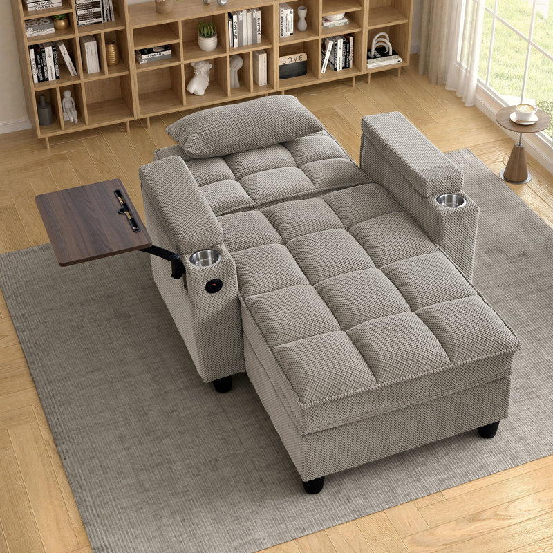 Fauteuil convertible simple de 41,5 po avec USB et Type-C, 2 porte-gobelets, table d'appoint, rangement sous le siège et accoudoirs de rangement