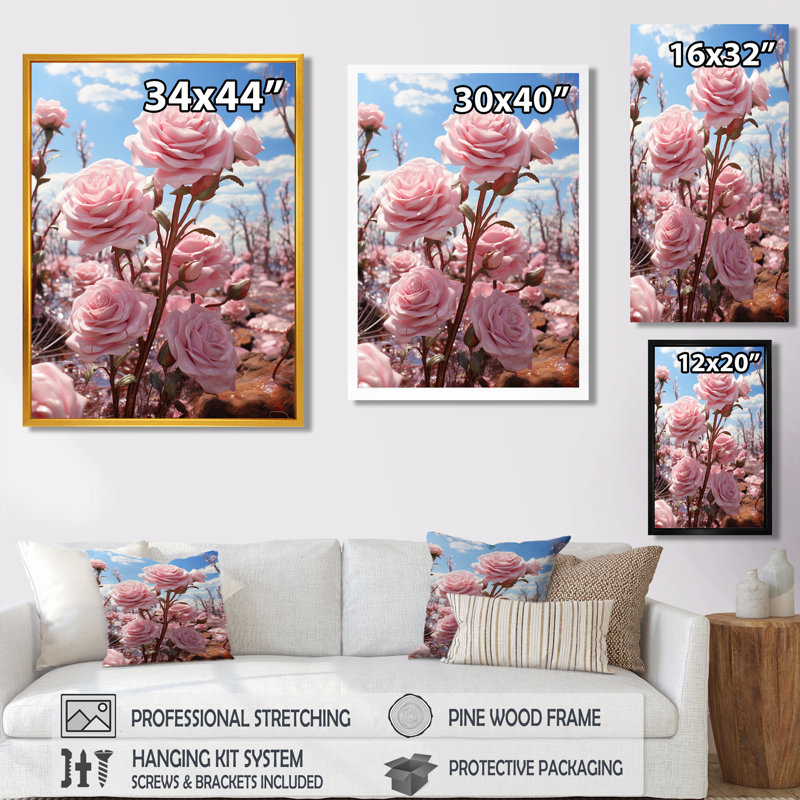 Rose rose vibrant bleu ciel - Roses, art mural salon, H 20 po x l 12 po x P 1 po, Toile avec cadre flottant noir