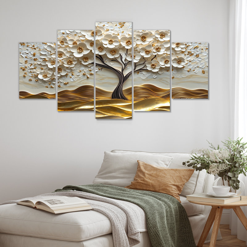 Ensemble de salon art mural blanc Folk Art Basswood Gold Tree