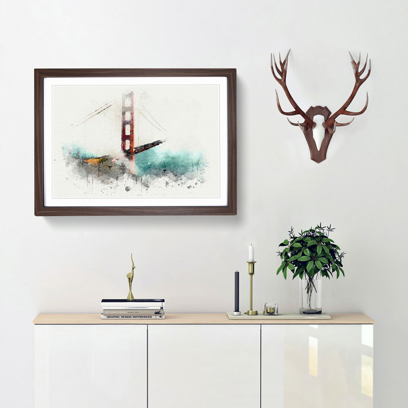 The Golden Gate Bridge in San Francisco - Picture Frame Graphic Art Print, 27cm H x 36cm W x 2cm D, Walnut Framed