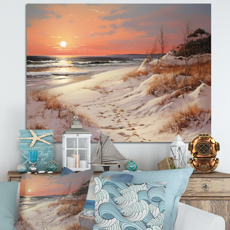 Beach Winterscene Warm Pastel Sunset - Art mural sur toile plage, H 24 po x l 32 po, Toile tendue