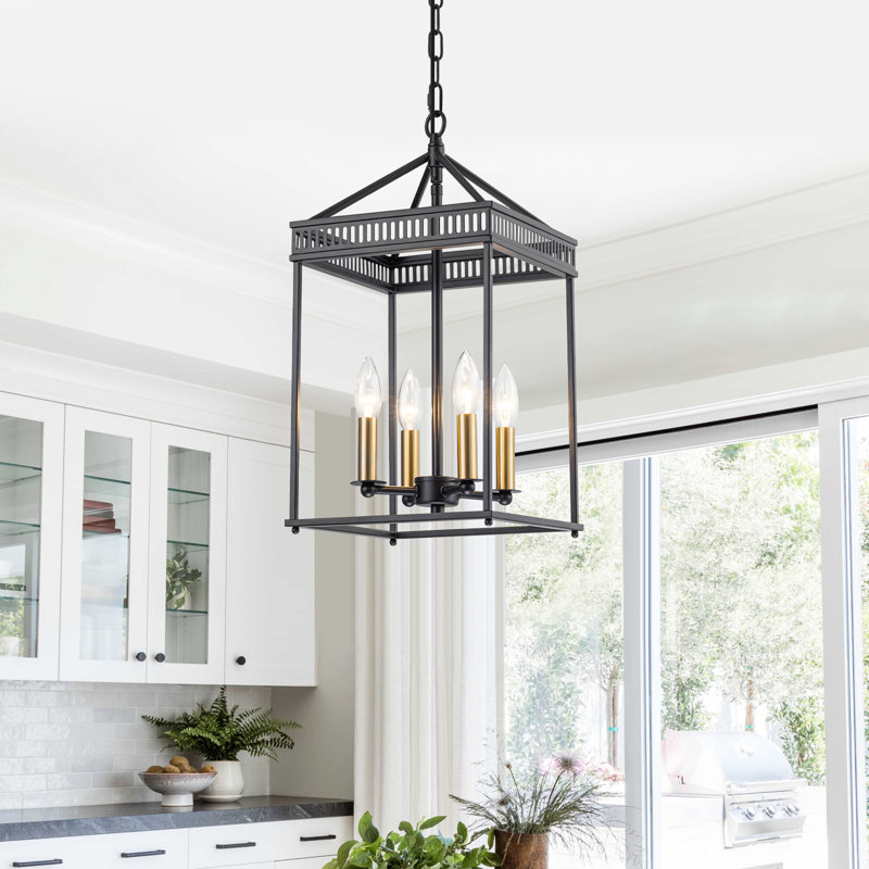 Luminaire suspendu lanterne 9,84 "noir mat et doré 9,84" avec chaîne réglable, lustre campagnard industriel moderne pour îlot de cuisine, base E12
