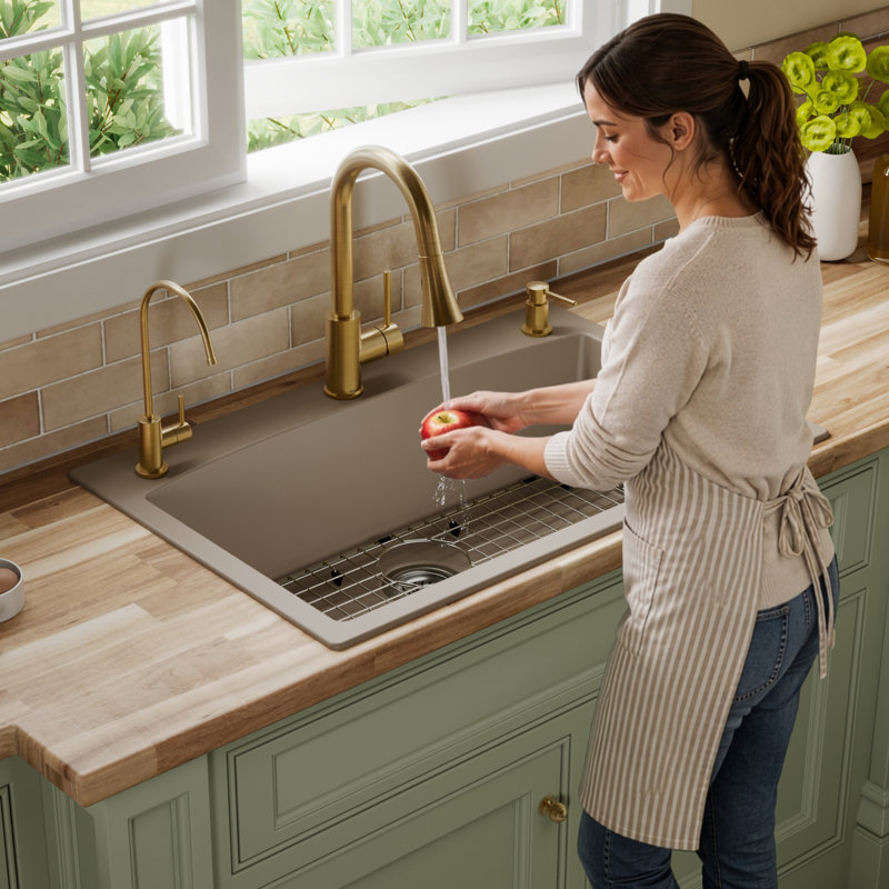 Karran Quartz 33'' X 22'' Single Bowl Top Mount Drop-in Kitchen Sink Kit, Concrete