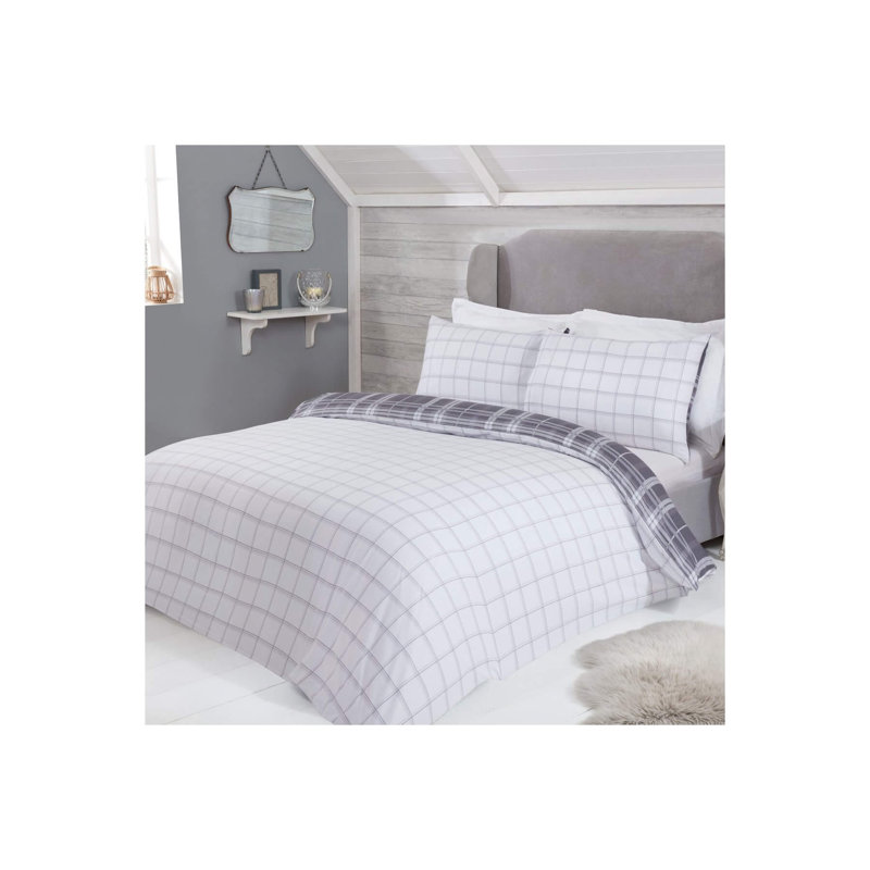 Nicci Cotton Chequered Duvet Cover Set with Pillowcases, Grey, 260 x 220cm Duvet Cover + 2 Standard 