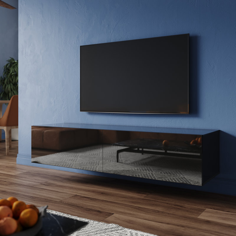 Hangable and floor standing TV stand in high-gloss UV panel, 30cm H x 140cm W x 40cm D, Black