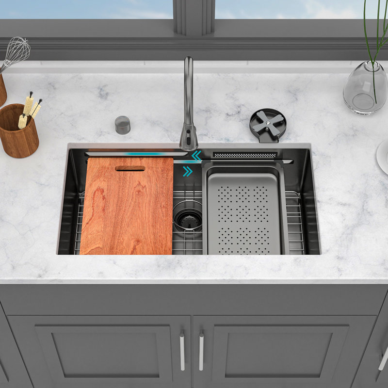33" Undermount Waterfall Gunmetal Black Kitchen Sink - 33 X 16.72 X 10 Inch Single Bowl 16 Gauge Stainless Steel Ledge Workstation Kitchen Sinks With Pull-Down Faucet & Cup Washer