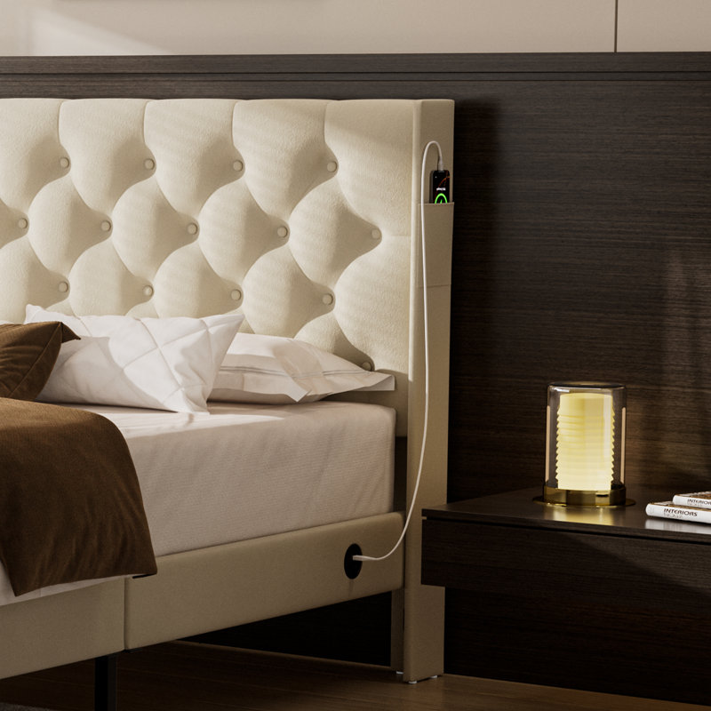 Upholstered Bed Frame with Diamond Button Tufted Headboard, Beige, Kingsize (5')