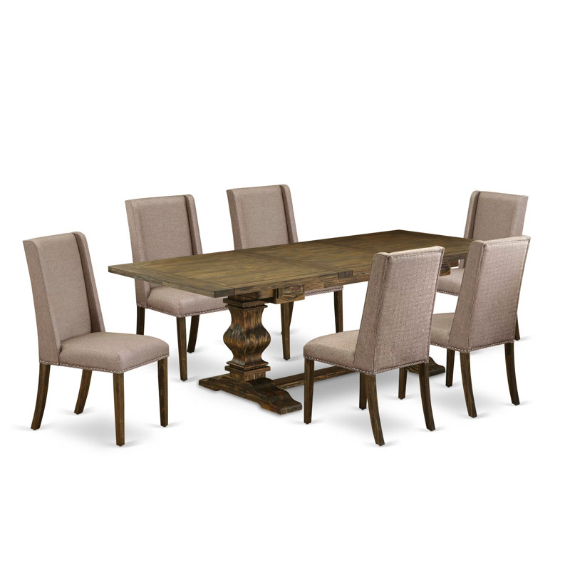 Ensemble de table de salle à manger 7 pièces composé d'une table de salle à manger rectangulaire avec rallonge amovible et 6 chaises Parsons en tissu kaki foncé