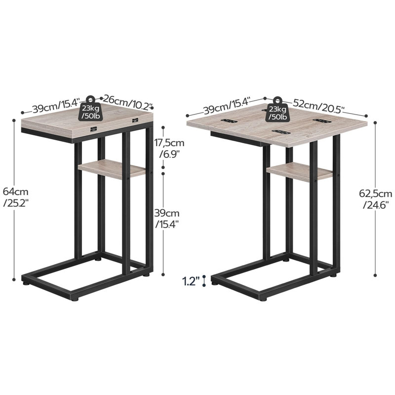 Table d'appoint pliable en forme de C avec tablettes de rangement; Glisse sous le canapé; Gris-brun
