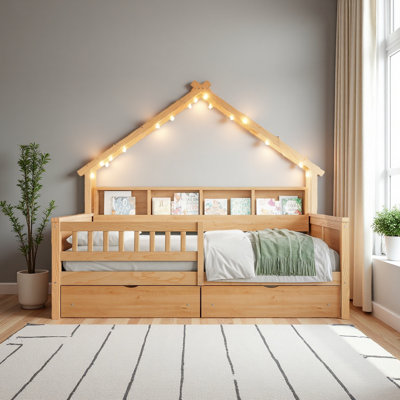 Wood Full Size House Platform Beds With LED, Storage Shelves, Drawers And Guardrail