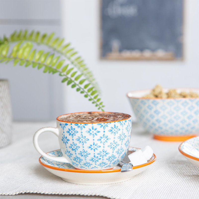 Nicola Spring - Hand-Printed Cappuccino Cup & Saucer - 250ml - Blue, 24