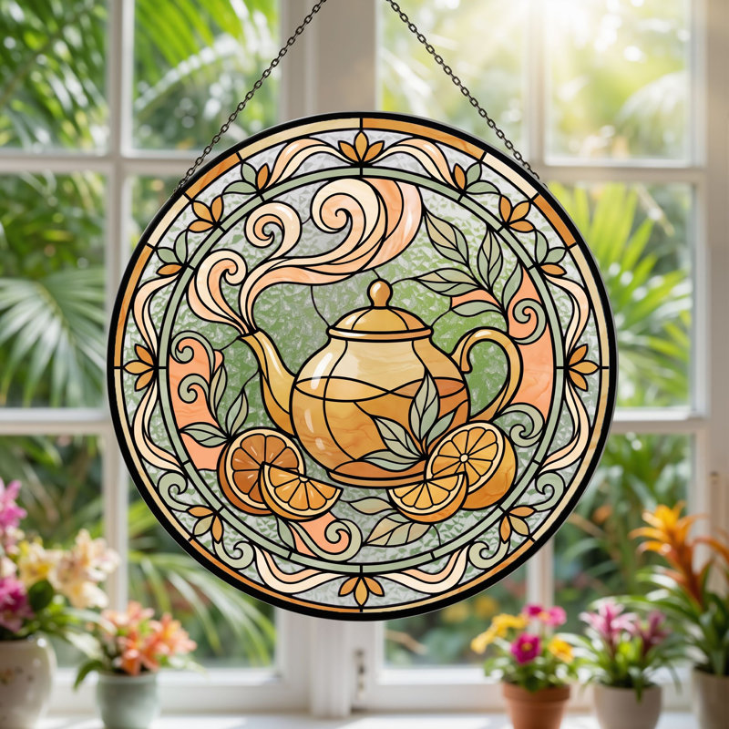 Panneau de vitrail en verre teinté avec théière, H 12 po, H 7,8 po