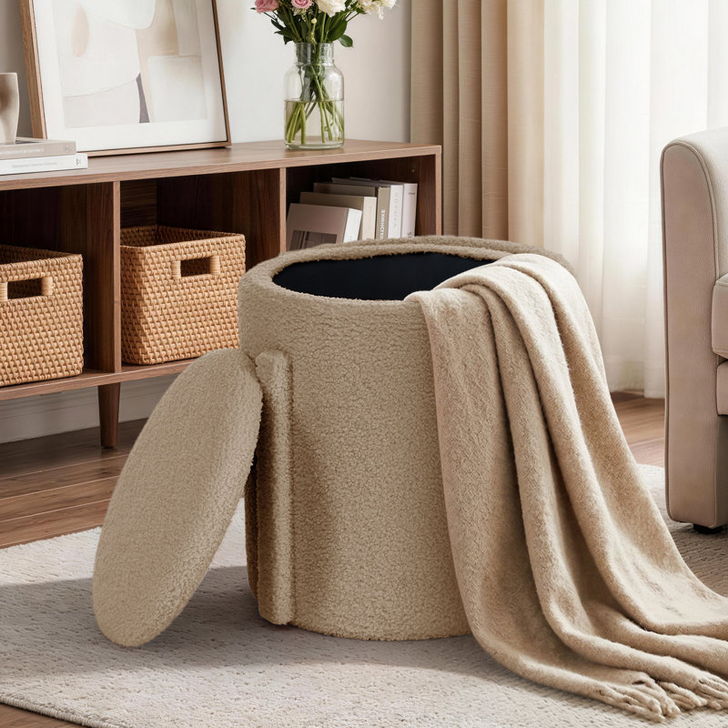 Round Ottoman with Storage, Modern Ottoman with Foldable Backrest, Sherpa Upholstered Ottoman for Living Room and Bedroom