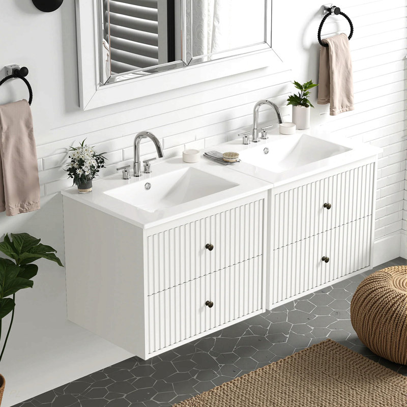 Ensemble de meuble-lavabo 24 po avec lavabo, armoire de rangement flottante avec portes et tiroirs, meuble-lavabo mural moderne avec surface peinte, blanc