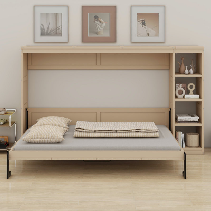 Murphy Bed With Bookshelf, Natural, Full/Double