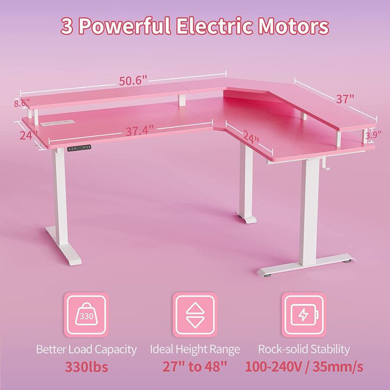 Marquila Adjustable L-Shaped Metal Base Standing Desk, Pink/White