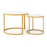 Set 2 Coffee Table Nesting White And Gray Top Frame Circular Round And Marble Pattern Wooden Tables