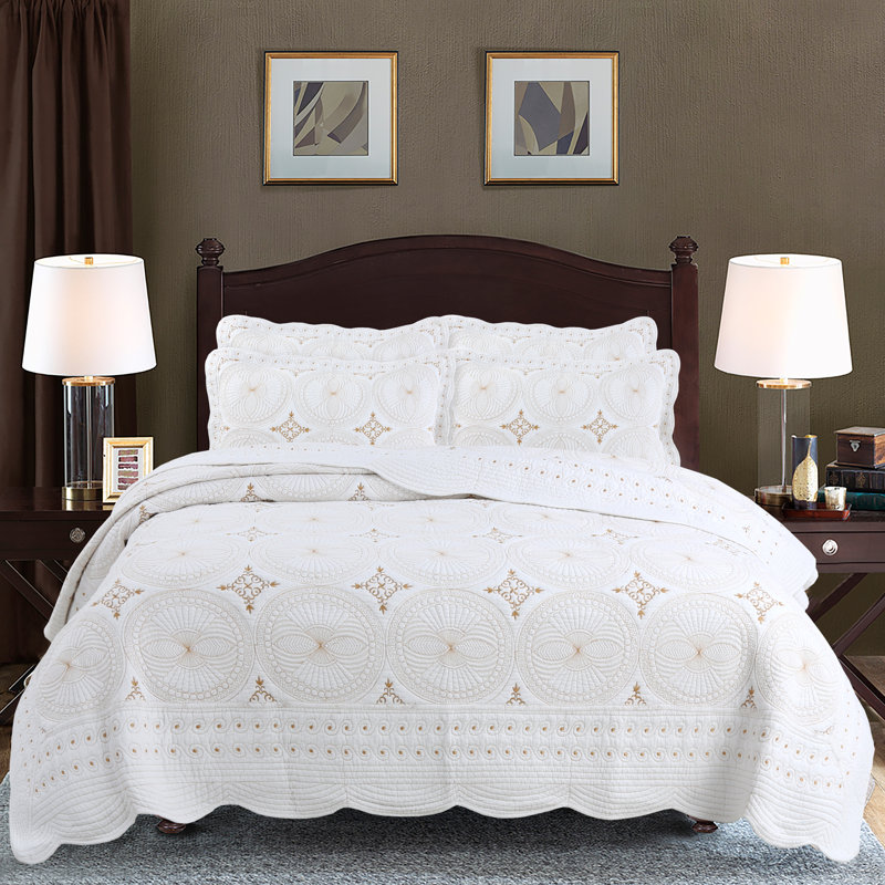  100% Cotton White Quilt Set With Shams Bedding Set, Queen Quilt + 2 Standard Shams