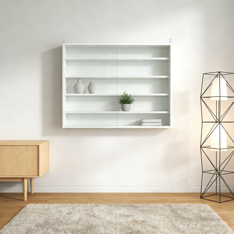 5-Tier White Wall-Mounted Glass Display Cabinet With 2 Doors & Adjustable Shelves