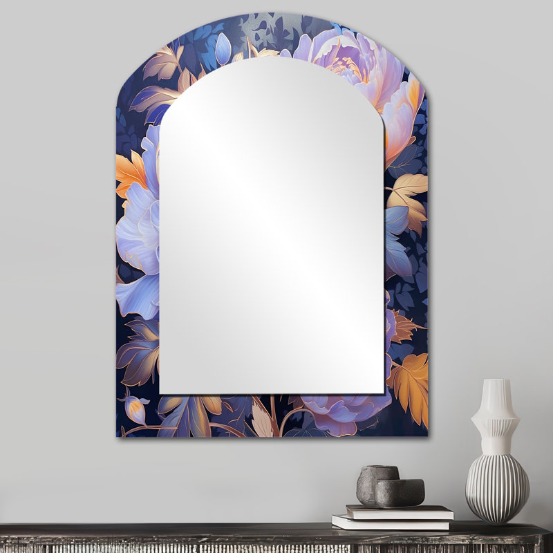 Fleurs de pivoines rétro bleues et bleues - grand miroir arche de coquelicots, décor de miroir mural asymétrique traditionnel, art en métal imprimé