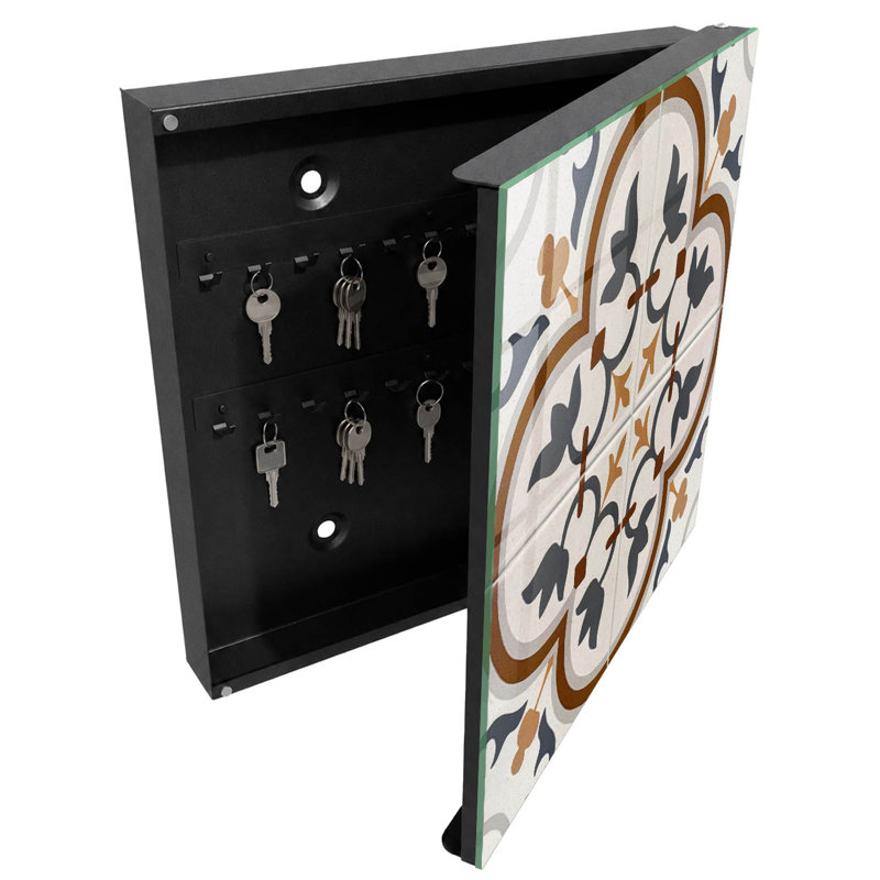 Key box for home, Opens to the left, 30x30x5, White, Floral geometry with a dominance of beige and gray, 