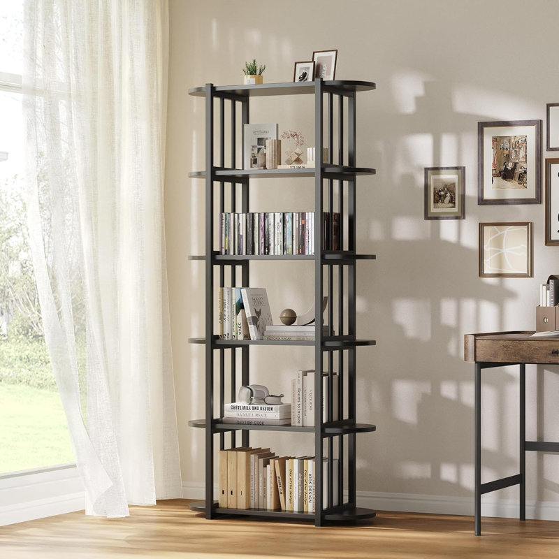 6-Tier Industrial Bookshelf, 71" Tall Wood and Metal Bookcase, Freestanding Open Storage Shelf for Home Office, Black