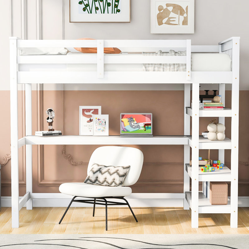 White Twin Size Loft Bed With Under Desk And Stylish Shelves - Made Of Pine For A Bedroom In Efficient Enchanting Storage Concepts Crafted Using Magical