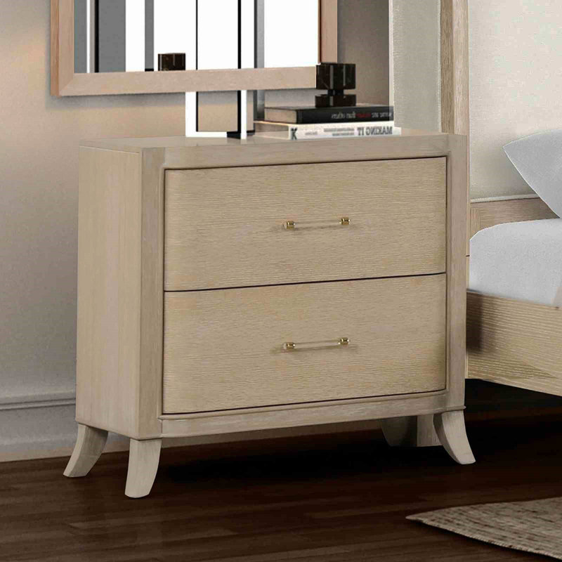 Table de chevet style transitionnel 1Pc Bords courbés Port USB français et anglais Tiroirs à queue d'aronde Poignées en acrylique finition chêne naturel