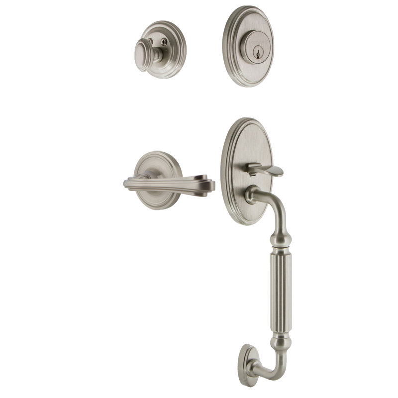 Nostalgic Warehouse Classic Plate F Grip Handleset with Single Cylinder Deadbolt and Fleur Lever, 2 3/4", Satin Nickel, Left