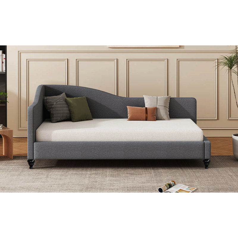 Lit de jour simple en forme de L avec housse en lin gris et pieds en bois massif fiables, Gris