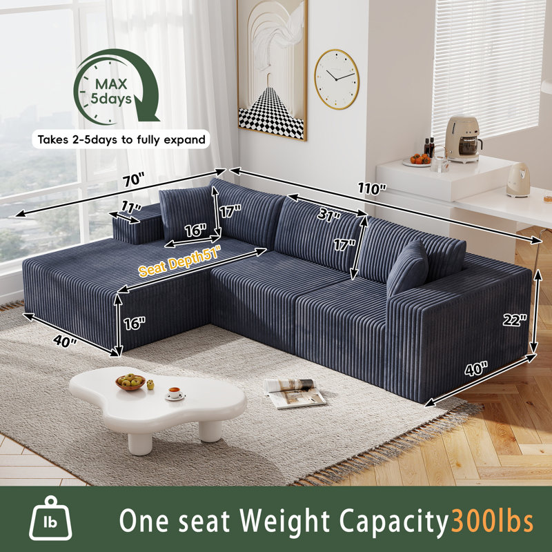 Canapé modulaire 110 po Cloudy Corduroy, Velours côtelé bleu