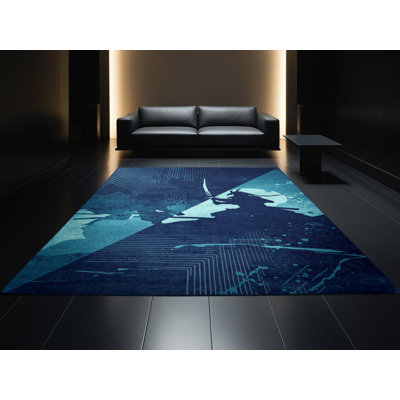 Tapis bleu marine et bleu marine à motif abstrait et moderne lavable à la machine Fillmore