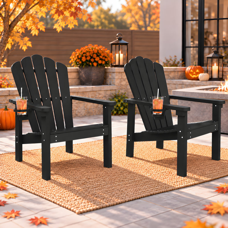 Outdoor HDPE Plastic Stackable Adirondack Chairs with Cup Holders, All-Weather Patio Chairs (Set of 2), 2, Black