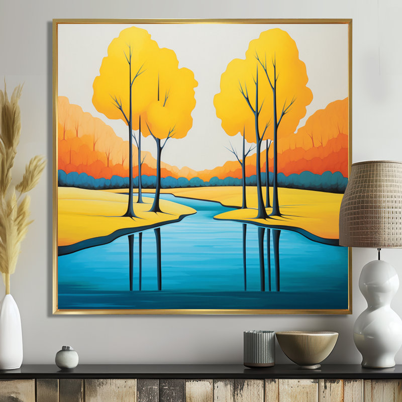 «Yellow Trees Autumn Forest River», art mural rivière, Toile avec cadre flottant or, H 16 po x l 16 po x P 1 po
